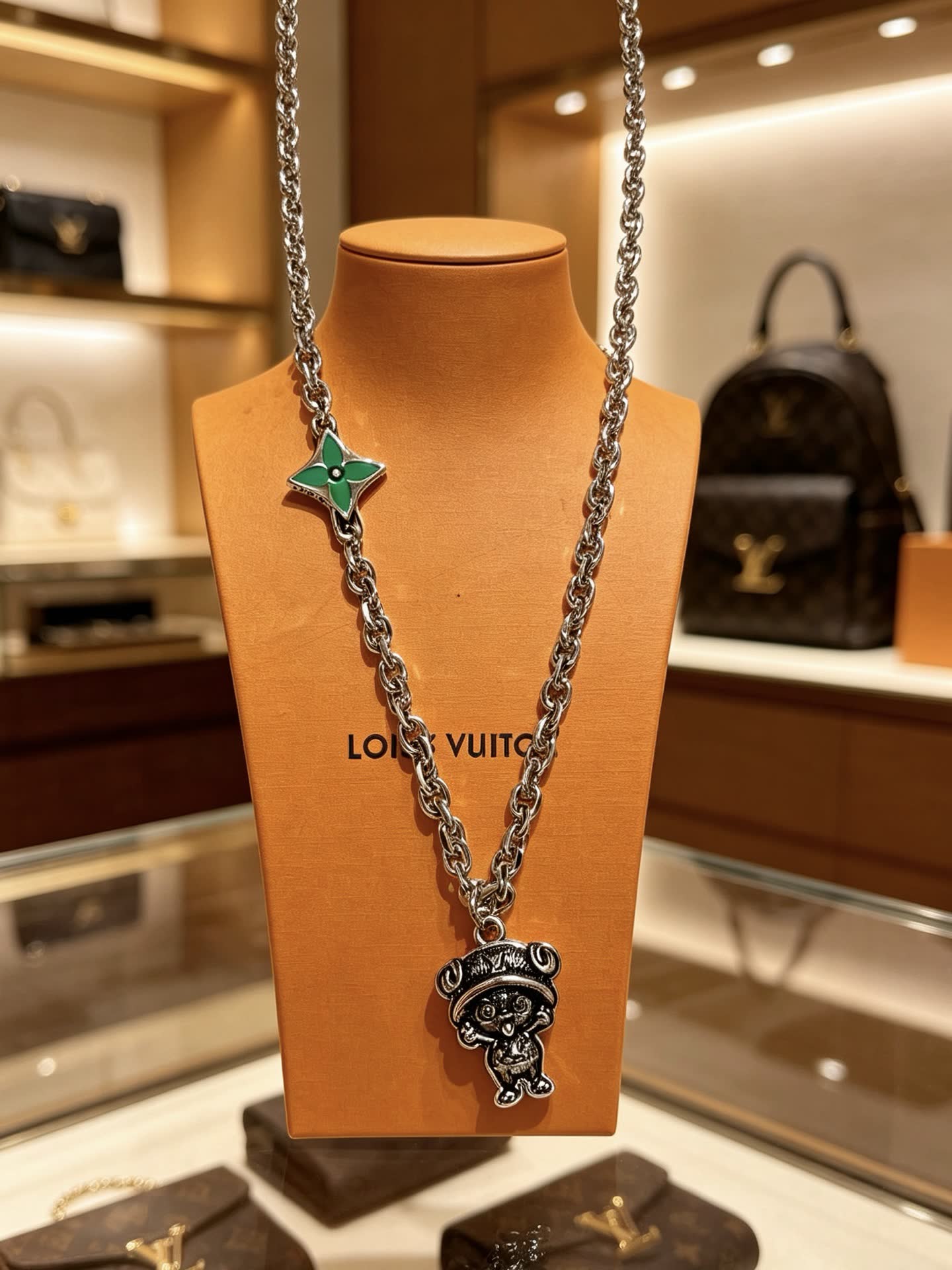 Louis Vuitton Silver Tone Necklace with Green Enamel and Monogram Bear Charm